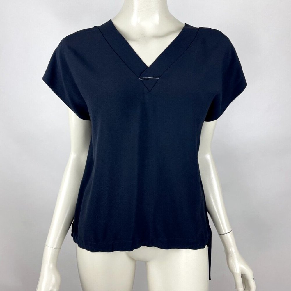 Helmut Lang Drawstring V neck Top Women M NWT $295 Short Sleeve Viscose Blouse